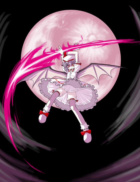 akase rai, remilia scarlet, touhou, 1girl, bat wings, bloomers, bow, bow bloomers, dark, female focus, full moon, hat, holding, mob cap, moon, polearm, red moon, solo, spear, spear the gungnir, underwear, vampire, weapon, white bloomers, wings, wrist cuffs