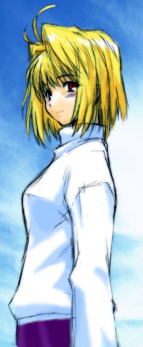 dennoudenpa, arcueid brunestud, tsukihime, 00s, 1girl, antenna hair, blonde hair, female focus, light smile, long skirt, long sleeves, purple skirt, red eyes, short hair, sketch, skirt, smile, solo, sweater, turtleneck