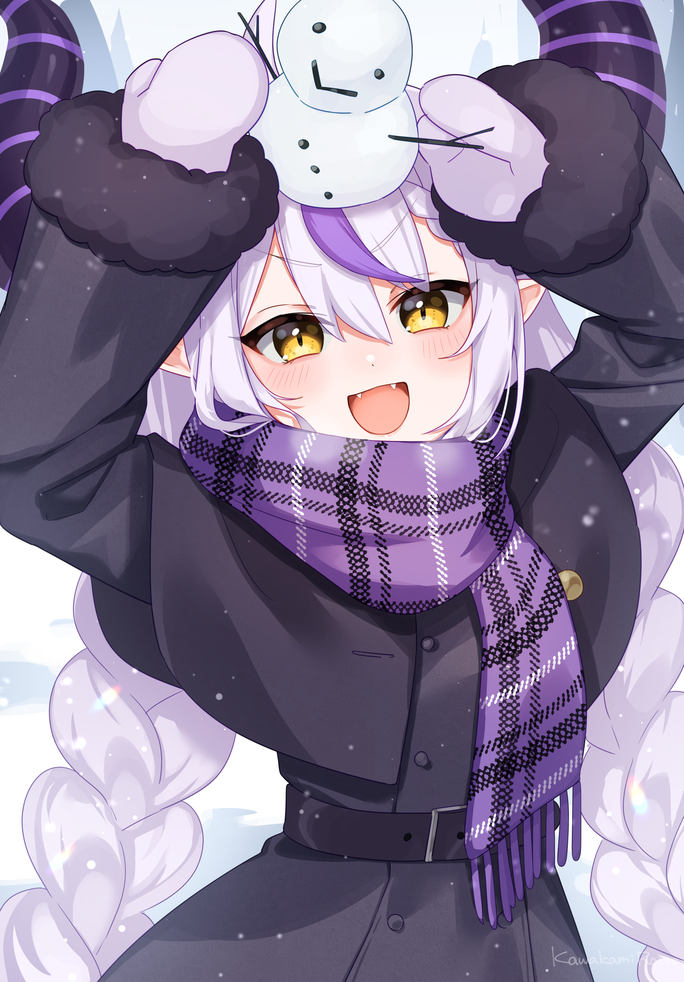 kawagami raito, la+ darknesss, hololive, absurdres, highres, 1girl, arms up, belt, black belt, black capelet, black coat, black horns, braid, capelet, coat, demon horns, fangs, fur-trimmed sleeves, fur trim, hair between eyes, horns, long hair, long sleeves, looking at viewer, mini snowman, mittens, multicolored hair, open mouth, outdoors, plaid clothes, plaid scarf, purple hair, purple mittens, purple scarf, scarf, smile, snow, snowing, snowman, snowman on head, solo, streaked hair, striped horns, twin braids, twintails, upper body, v-shaped eyebrows, very long hair, virtual youtuber, white hair, yellow eyes