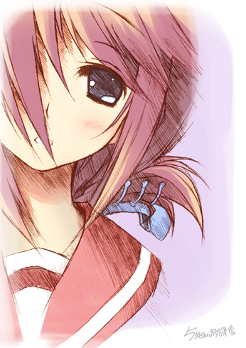 kantoku, komaki manaka, to heart (series), to heart 2, lowres, 00s, 1girl, blue eyes, claw hair clip, female focus, folded ponytail, hair ornament, hair over one eye, hairclip, low ponytail, pink hair, ponytail, portrait, school uniform, serafuku, sketch, solo, split mouth