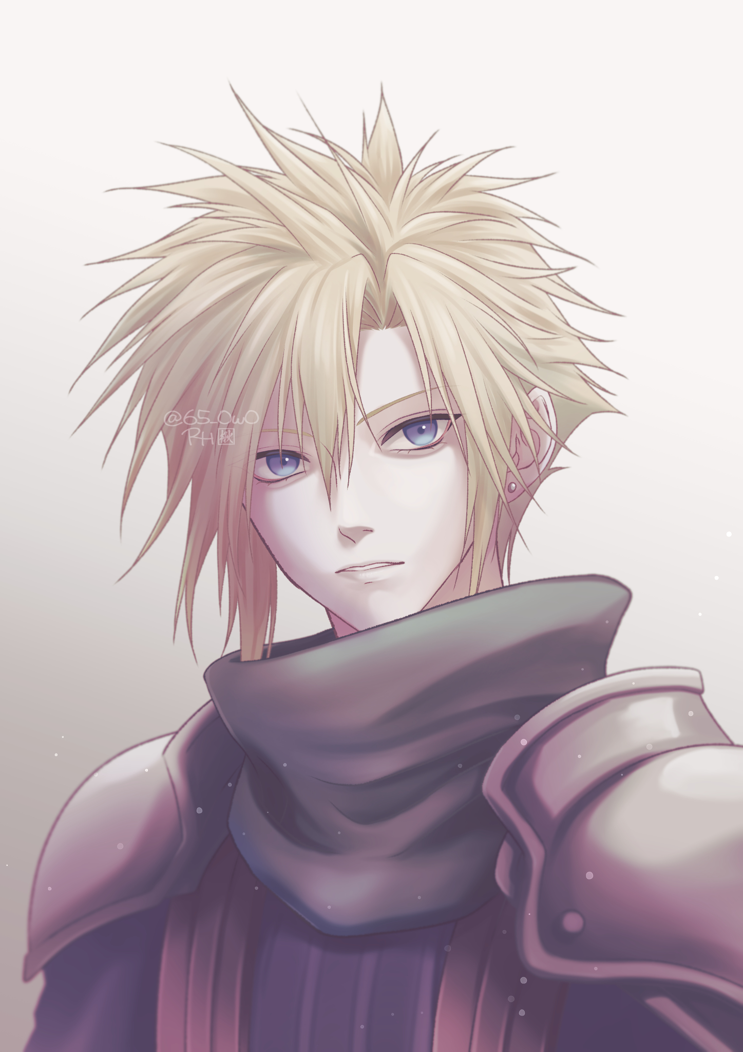 roco pic, cloud strife, crisis core final fantasy vii, final fantasy, final fantasy vii, commentary request, highres, 1boy, armor, blonde hair, blue eyes, earrings, gradient background, green scarf, hair between eyes, jewelry, looking at viewer, male focus, parted lips, scarf, shinra infantry uniform, short hair, shoulder armor, solo, stud earrings, suspenders, upper body