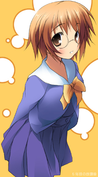 kantoku, yamada michiru, to heart (series), to heart 2, 00s, 1girl, arms behind back, blue skirt, blush, bow, breasts, brown eyes, brown hair, female focus, glasses, long sleeves, pleated skirt, rimless eyewear, round eyewear, school uniform, serafuku, short hair, skirt, solo