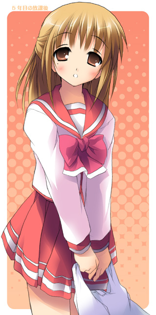 kantoku, kaoruko (to heart 2), to heart (series), to heart 2, 00s, 1girl, bag, blush, bow, brown eyes, brown hair, female focus, holding, long sleeves, mole, mole under eye, pink bow, pleated skirt, school uniform, serafuku, shopping bag, skirt, solo, v arms
