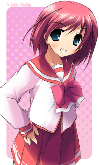 kantoku, reona (to heart 2), to heart (series), to heart 2, 00s, 1girl, blue eyes, blush, clenched teeth, cowboy shot, female focus, grin, hand on own hip, hip focus, long sleeves, looking at viewer, pink hair, pleated skirt, red skirt, school uniform, serafuku, short hair, skirt, smile, solo, teeth