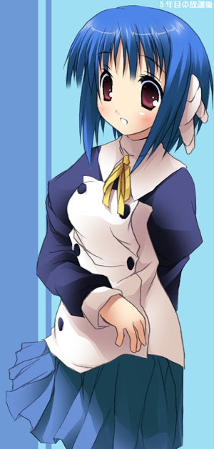 kantoku, ilfa (to heart), to heart (series), to heart 2, 00s, 1girl, arm behind back, arms behind back, blue hair, blue skirt, blue theme, blush, cowboy shot, female focus, long sleeves, neck ribbon, parted lips, pleated skirt, purple eyes, ribbon, robot ears, short hair, skirt, solo
