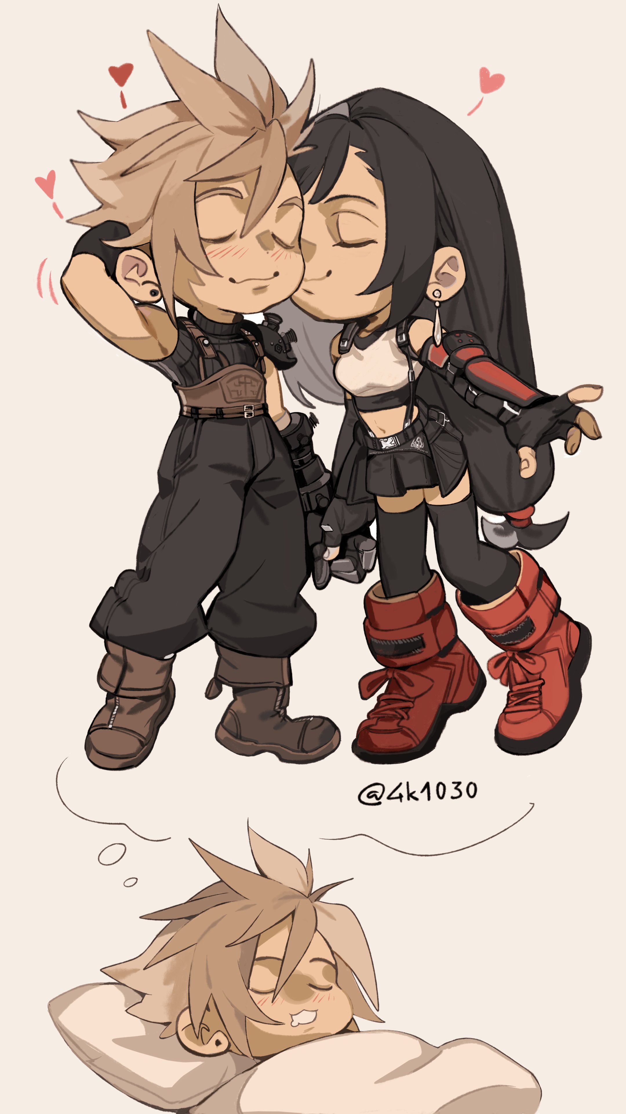 4k1030, cloud strife, tifa lockhart, final fantasy, final fantasy vii, final fantasy vii rebirth, final fantasy vii remake, absurdres, highres, 1boy, 1girl, arm behind head, baggy pants, bare shoulders, black gloves, black hair, black skirt, black thighhighs, blonde hair, blush, boots, brown boots, closed eyes, closed mouth, couple, crop top, earrings, fingerless gloves, full body, gloves, heart, holding hands, imagining, jewelry, kiss, kissing cheek, long hair, low-tied long hair, lying, miniskirt, on back, open mouth, pants, pillow, pleated skirt, red boots, short hair, simple background, single arm guard, single earring, skirt, sleeping, sleeveless, sleeveless turtleneck, smile, spiked hair, standing, sweater, tank top, thighhighs, turtleneck, turtleneck sweater, twitter username, under covers, white tank top, zettai ryouiki