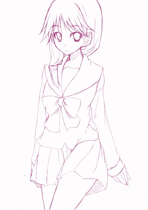 nakamura kusata, komaki ikuno, to heart (series), to heart 2, 00s, 1girl, female focus, monochrome, pleated skirt, purple theme, school uniform, serafuku, simple background, sketch, skirt, solo, white background, white theme