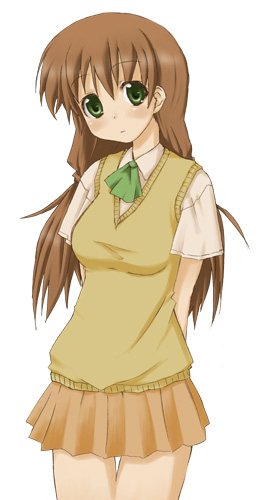 tamaru tokihiko, original, lowres, 1girl, arms behind back, brown hair, female focus, green eyes, long hair, pleated skirt, school uniform, serafuku, simple background, skirt, solo, sweater, sweater vest, vest, white background