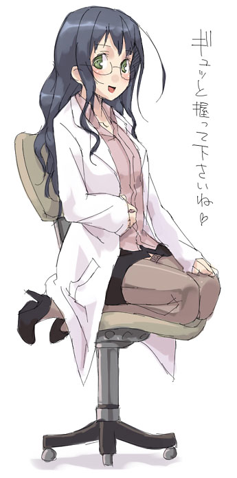 kyo (kuroichigo), original, lace-trimmed legwear, translated, 1girl, :d, ahoge, blue hair, brown thighhighs, chair, doctor, female focus, full body, glasses, green eyes, high heels, kneeling, lab coat, lace, lace trim, long hair, long sleeves, miniskirt, nurse, office chair, on chair, open mouth, pencil skirt, seiza, shoes, simple background, sitting, skirt, smile, solo, swivel chair, thighhighs, wavy hair, white background