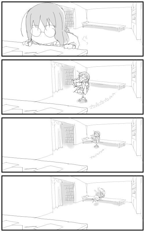 kyo (kuroichigo), original, 00s, 1girl, 4koma, bed, bookshelf, chair, comic, curtains, desk, falling, glasses, greyscale, lab coat, monochrome, office chair, on chair, paper, pillow, silent comic, sitting, swivel chair