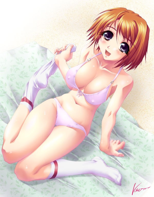 watase kaoru, tokiha mai, my-hime, 00s, 1girl, :d, arm support, blush, bra, breasts, cleavage, covered erect nipples, female focus, front-tie top, happy, kneehighs, large breasts, lingerie, open mouth, orange hair, panties, print socks, purple bra, purple eyes, purple panties, short hair, signature, sitting, smile, socks, solo, thigh gap, underwear, underwear only, undressing, wariza, white socks
