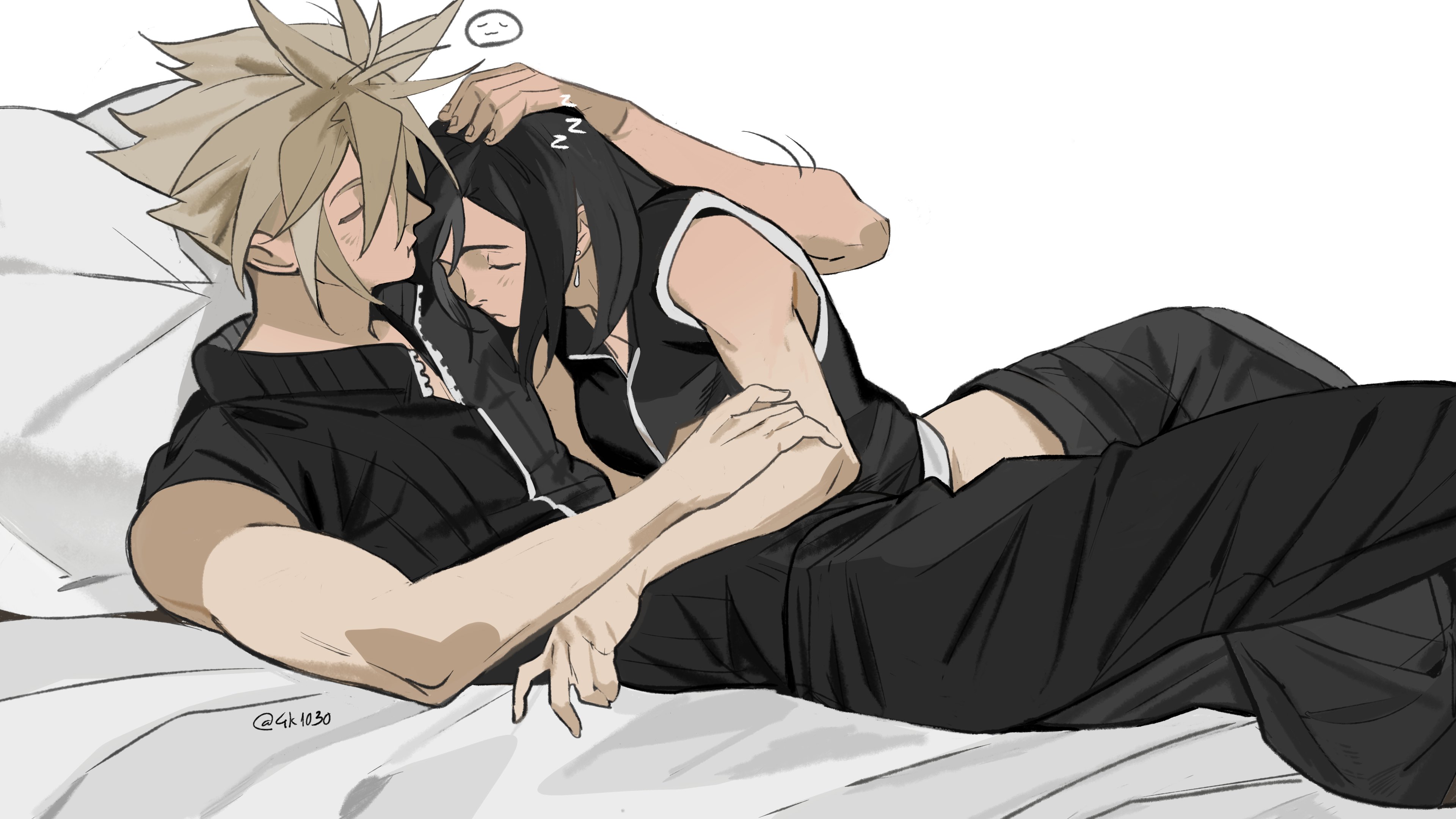 4k1030, cloud strife, tifa lockhart, final fantasy, final fantasy vii, final fantasy vii advent children, absurdres, highres, 1boy, 1girl, apron, bare arms, bare shoulders, bed sheet, black apron, black hair, black pants, black shirt, black shorts, black vest, blonde hair, closed eyes, closed mouth, couple, crop top, cuddling, earrings, feet out of frame, girl on top, hair between eyes, hand on another's head, headpat, jewelry, long hair, lying, lying on person, motion lines, on back, on bed, on person, on stomach, pants, pillow, shirt, shorts, single earring, sleeveless, sleeveless shirt, spiked hair, tank top, twitter username, vest, waist apron, white background, white tank top, zipper