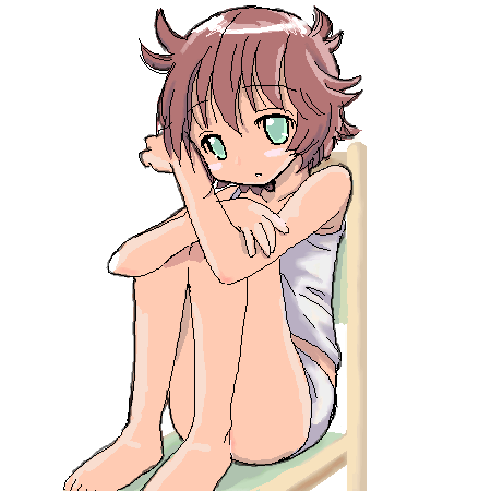 anita king, r.o.d the tv, read or die, lowres, 00s, 1girl, bare arms, bare shoulders, barefoot, blush, camisole, chair, crossed arms, feet, female focus, green eyes, knees up, loli, midriff, oekaki, on chair, panties, pink hair, short hair, simple background, sitting, sleeveless, solo, underwear, underwear only, white background, white camisole, white panties