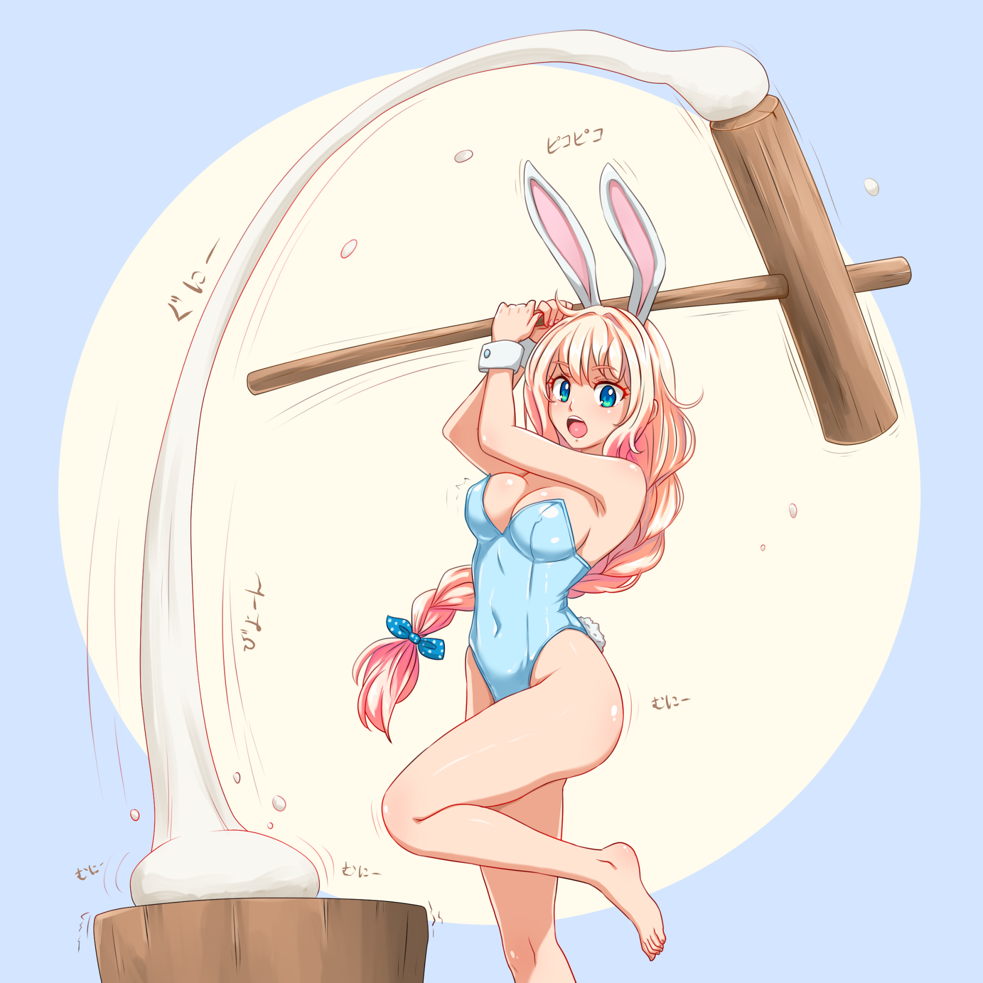 huyase, slavya-chan, everlasting summer, highres, 1girl, animal ears, barefoot, blonde hair, blue eyes, braid, braided ponytail, breasts, fake animal ears, food, holding, holding mallet, kine, large breasts, leotard, long hair, mallet, mochi, mochi trail, open mouth, playboy bunny, rabbit ears, rabbit tail, solo, strapless, strapless leotard, tail, very long hair, white leotard, wrist cuffs
