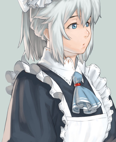 azusa (hws), original, looking away, silver hair, 1girl, apron, blue background, blue eyes, female focus, grey background, grey theme, lips, maid, maid apron, ponytail, simple background, solo, source, upper body