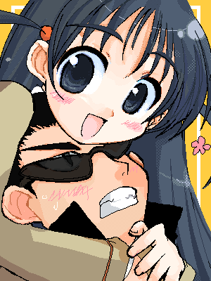 harima kenji, tsukamoto tenma, school rumble, lowres, 00s, 1boy, 1girl, :d, arms around neck, black hair, blush, clenched teeth, hetero, hug, hug from behind, long hair, oekaki, open mouth, short twintails, smile, sunglasses, teeth, twintails