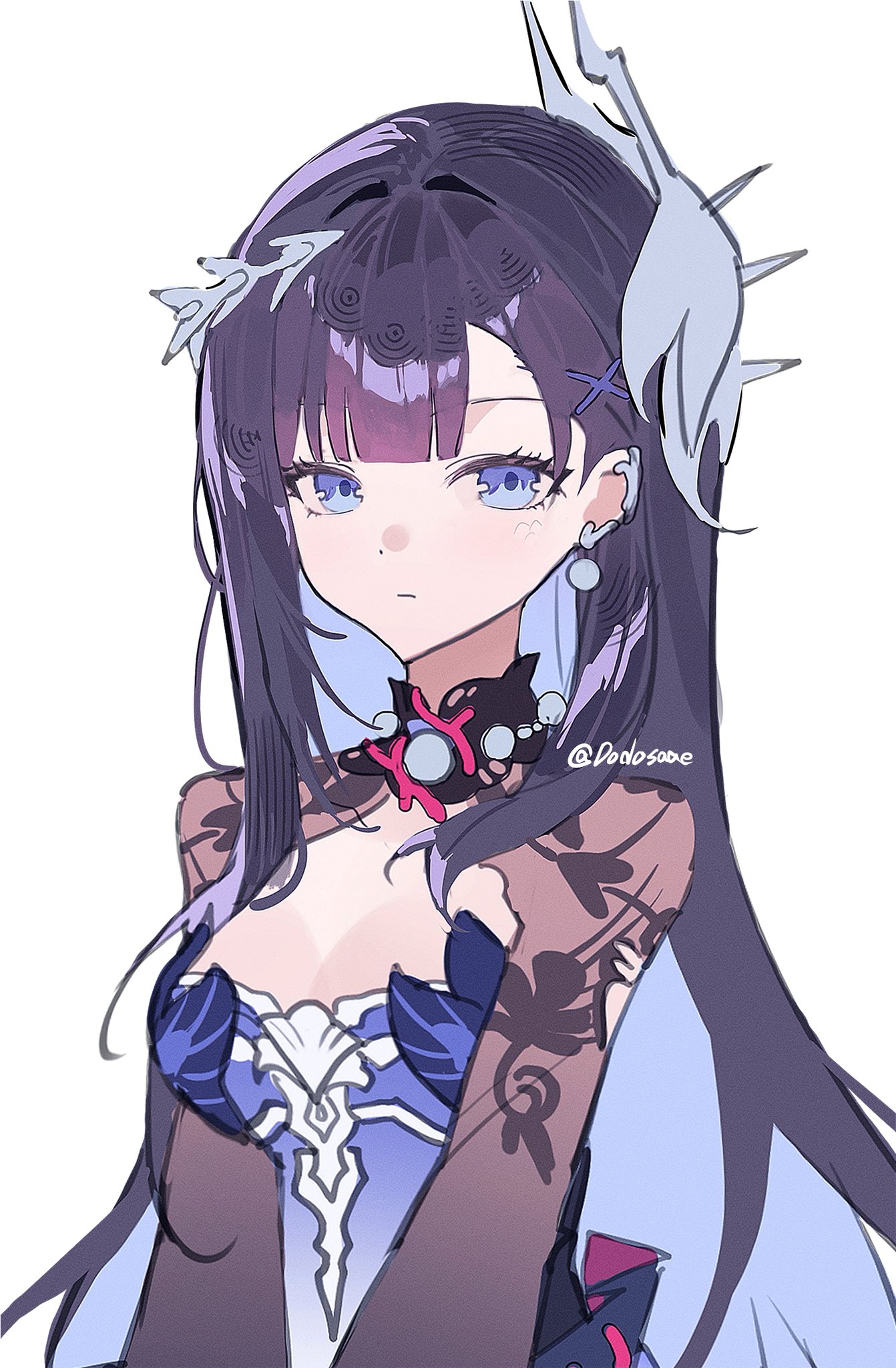 hysilens (honkai: star rail), honkai: star rail, honkai (series), highres, 1girl, artist name, black shrug, blue dress, blue eyes, blue hair, breasts, cleavage, colored inner hair, dodosaae, dress, expressionless, hair ornament, looking at viewer, multicolored hair, purple hair, shrug (clothing), simple background, solo, twitter username, upper body, white background