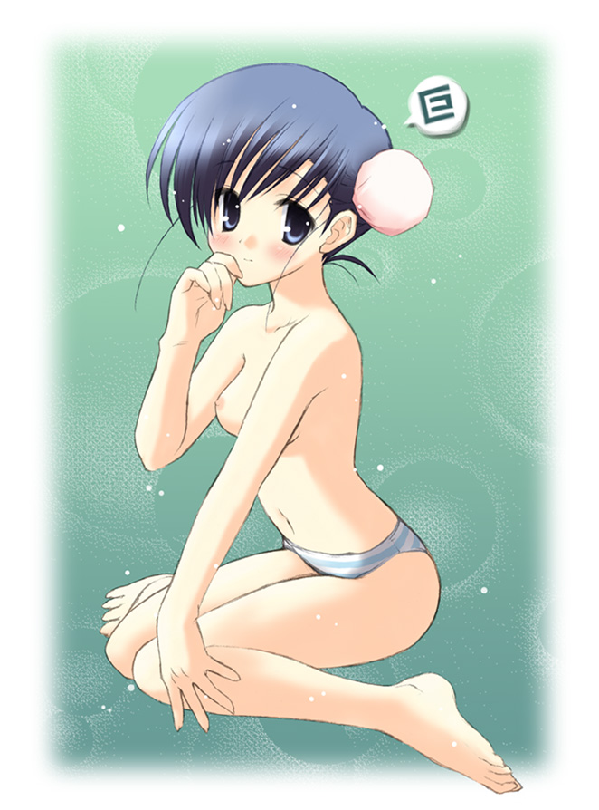 eretto, himeyuri ruri, himeyuri sango, to heart (series), to heart 2, 00s, 1girl, barefoot, blue eyes, blue hair, blue panties, breasts, female focus, hair bun, hand to own mouth, matching hair/eyes, medium breasts, navel, nipples, panties, single hair bun, sitting, smile, solo, striped clothes, striped panties, topless female, underwear, underwear only, wariza