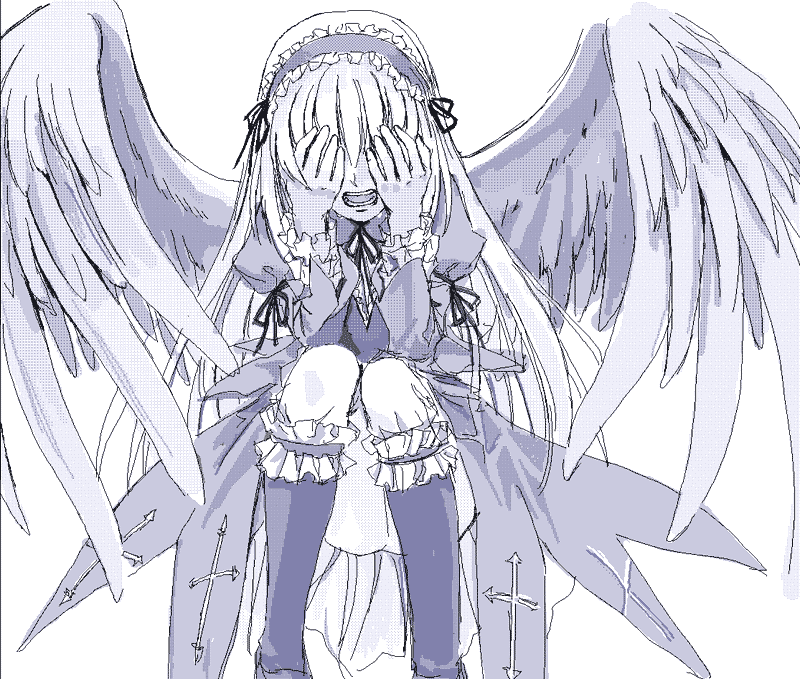 mutsuki (moonknives), suigintou, gentosha, rozen maiden, 00s, 1girl, covering own eyes, crying, feathered wings, female focus, frilled socks, frills, headdress, kneehighs, long hair, monochrome, oekaki, purple theme, socks, solo, tears, wings