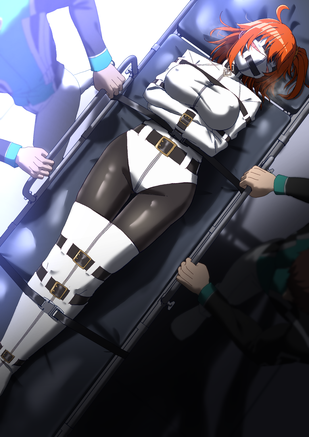 zetsu red, fujimaru ritsuka (female), fate/grand order, fate (series), highres, 1girl, ahoge, bdsm, bodysuit, bondage, bondage outfit, bound, bound arms, bound legs, chaldea logo, chaldea uniform, gag, gag harness, gagged, hair ornament, hair scrunchie, immobilization, legbinder, one side up, orange hair, restrained, restraints, scrunchie, side ponytail, straitjacket, white bodysuit, yellow scrunchie