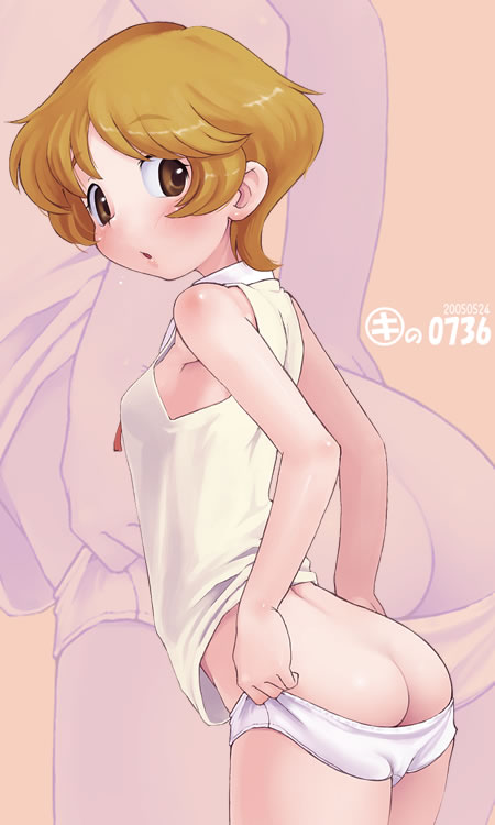kei jiei, mabel west, agatha christie no meitantei poirot to marple, 1girl, :o, armpits, ass, bare arms, bare shoulders, blush, breasts, brown eyes, brown hair, butt crack, dated, dressing, female focus, loli, looking at viewer, looking back, maybel, no pants, open mouth, panties, panty pull, parted bangs, shirt, short hair, sideboob, sleeveless, small breasts, solo, standing, underwear, white panties, zoom layer