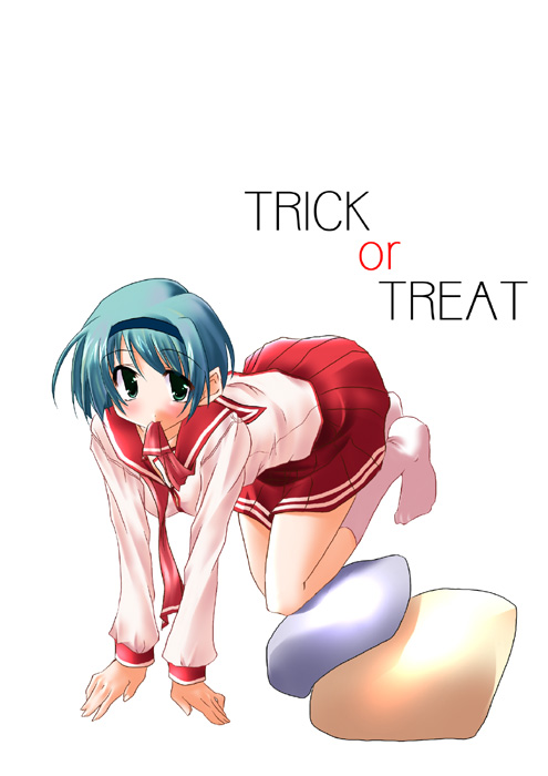 kagura tsukune, yoshioka chie, to heart (series), to heart 2, 00s, 1girl, all fours, aqua hair, female focus, green eyes, hairband, long sleeves, mouth hold, pillow, pleated skirt, ribbon, school uniform, serafuku, short hair, simple background, skirt, socks, solo, trick or treat, white background
