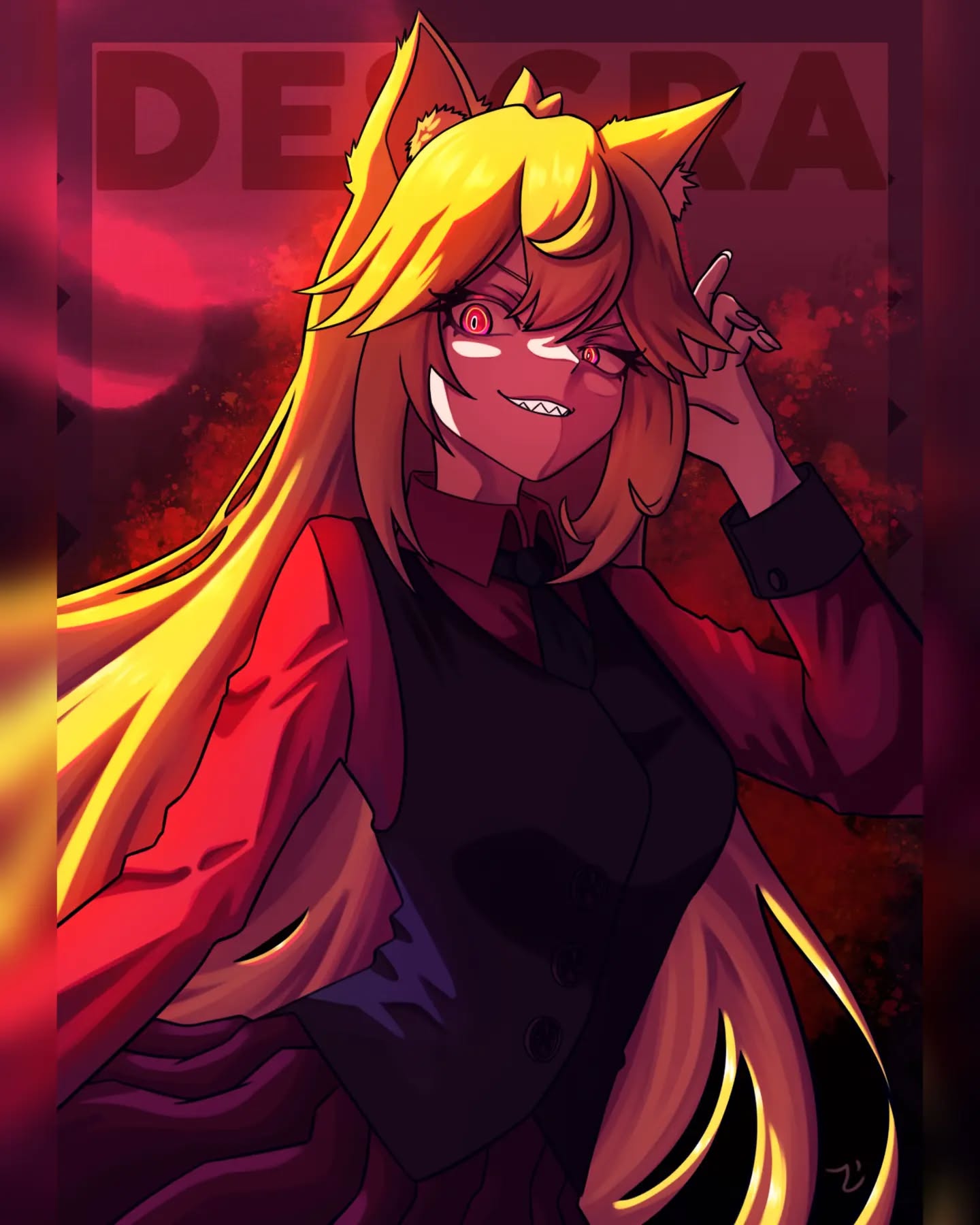 khaonpng, moge-ko, funamusea, mogeko castle, highres, 1girl, arm up, blonde hair, collared shirt, desgrapng, grin, long hair, looking at viewer, necktie, red eyes, sharp teeth, shirt, smile, solo, teeth, very long hair, vest