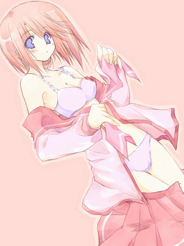 10mo, komaki manaka, to heart (series), to heart 2, 00s, 1girl, blue eyes, blush, bra, brown hair, cameltoe, female focus, lingerie, long sleeves, looking at viewer, open clothes, open shirt, outline, panties, pink background, pink theme, pleated skirt, purple panties, red hair, school uniform, serafuku, shirt, short hair, skirt, solo, standing, underwear, undressing, unworn skirt, white bra, white panties