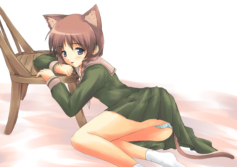 yoi (yoihome), shimazu yoshino, maria-sama ga miteru, 00s, 1girl, animal ears, blue eyes, brown hair, cat ears, cat tail, chair, female focus, green panties, long sleeves, looking at viewer, no shoes, panties, socks, solo, striped clothes, striped panties, tail, underwear, wooden chair