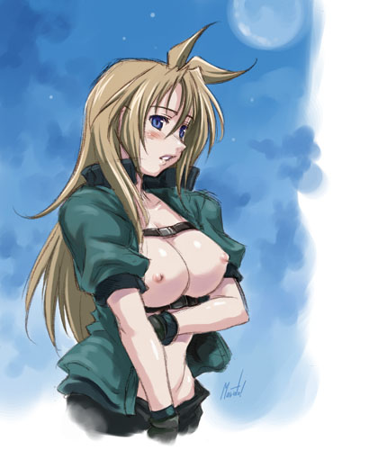 maruto!, madlax (character), madlax, lowres, 00s, 1girl, artist name, black gloves, black shorts, blonde hair, blue eyes, blush, breasts, day, female focus, framed breasts, gloves, green jacket, jacket, large breasts, long hair, moon, night, nipples, open clothes, open jacket, open shirt, parted lips, shirt, shorts, signature, sky, solo