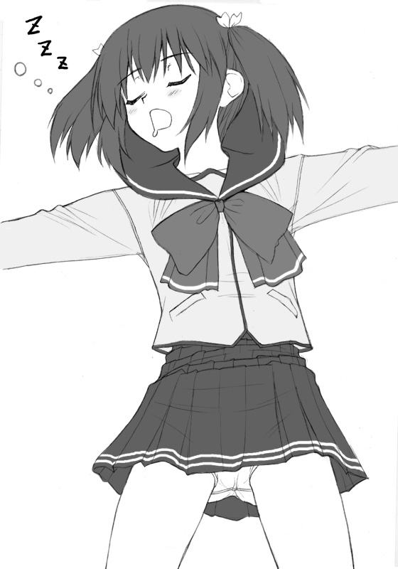 shichimenchou, yuzuhara konomi, to heart (series), to heart 2, 00s, 1girl, closed eyes, female focus, greyscale, long sleeves, lying, monochrome, on back, panties, pantyshot, saliva, simple background, skirt, sleeping, solo, standing, twintails, underwear, zzz