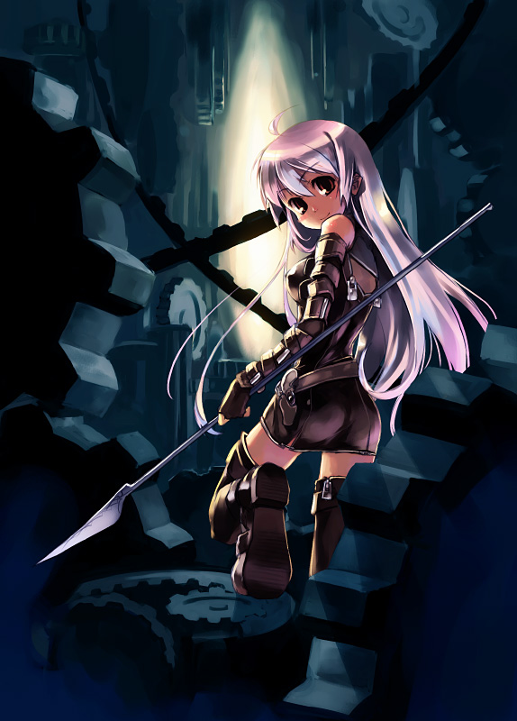 refeia, original, 1girl, ahoge, armor, black boots, black theme, black thighhighs, boots, brown eyes, chiaroscuro, dark, female focus, gears, hair between eyes, long hair, looking back, machine, polearm, purple hair, smile, solo, spear, thigh boots, thighhighs, weapon, zettai ryouiki