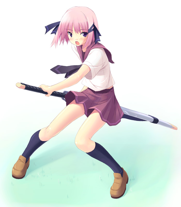 poco (asahi age), original, 1girl, black socks, blue socks, blush, female focus, fighting stance, hair between eyes, hair ornament, katana, kneehighs, legs, necktie, open mouth, pink hair, pleated skirt, purple eyes, ready to draw, school uniform, serafuku, short hair, simple background, skirt, socks, solo, sword, weapon