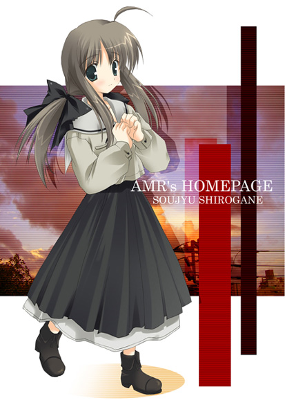 ikegami akane, shirogane souju, futakoi, 00s, 1girl, ahoge, aqua eyes, black boots, blush, boots, bow, character name, female focus, grey hair, hair bow, long hair, long sleeves, ponytail, skirt, smile, solo, walking