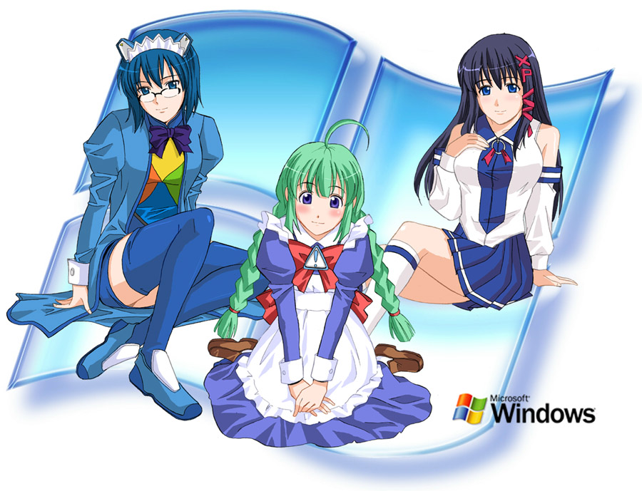 toshibou (satsukisou), 2k-tan, me-tan, xp-tan, microsoft, microsoft windows, os-tan, !, 3girls, ahoge, black hair, blue eyes, blue hair, blue skirt, blue thighhighs, glasses, green hair, hair ornament, light smile, long hair, looking at viewer, multiple girls, simple background, sitting, skirt, smile, thighhighs, v arms, wariza, windows logo, x hair ornament