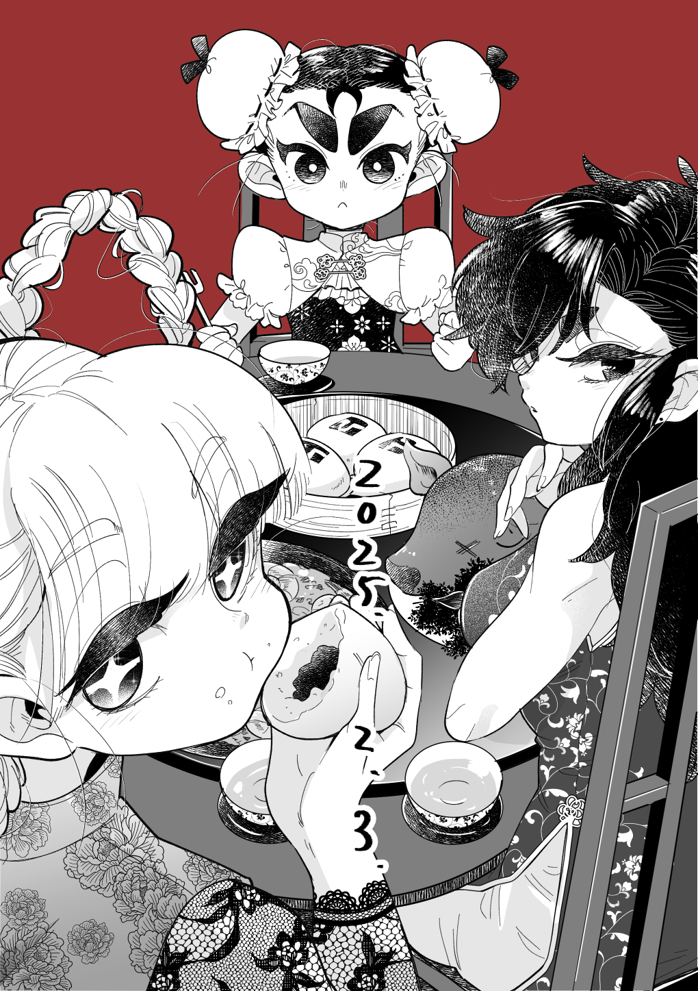 mizukiebiebi, arigasaki chitose, houkago himitsu club, highres, + +, 3girls, bamboo steamer, chair, china dress, chinese clothes, cup, dead animal, double bun, dress, eating, food, hair bun, kurobara angelica, long hair, looking at viewer, monochrome, multiple girls, pig head, puffy short sleeves, puffy sleeves, red background, short sleeves, sitting, steamed bun, table, tea party, teacup, thick eyebrows