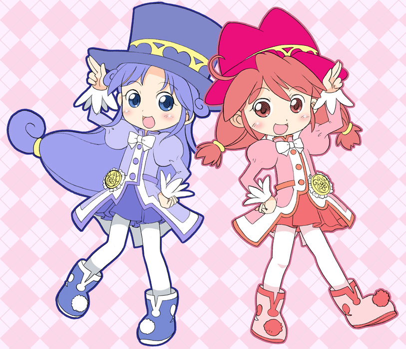 hatomugi (mamotan), fine (futagohime), rein (futagohime), fushigiboshi no futago hime, 00s, 2girls, argyle background, argyle clothes, blue eyes, blue hair, blue hat, bow, bowtie, buttons, hat, long hair, long sleeves, low-tied long hair, multiple girls, open mouth, outline, pantyhose, pink eyes, red hair, red hat, red skirt, simple background, skirt, smile