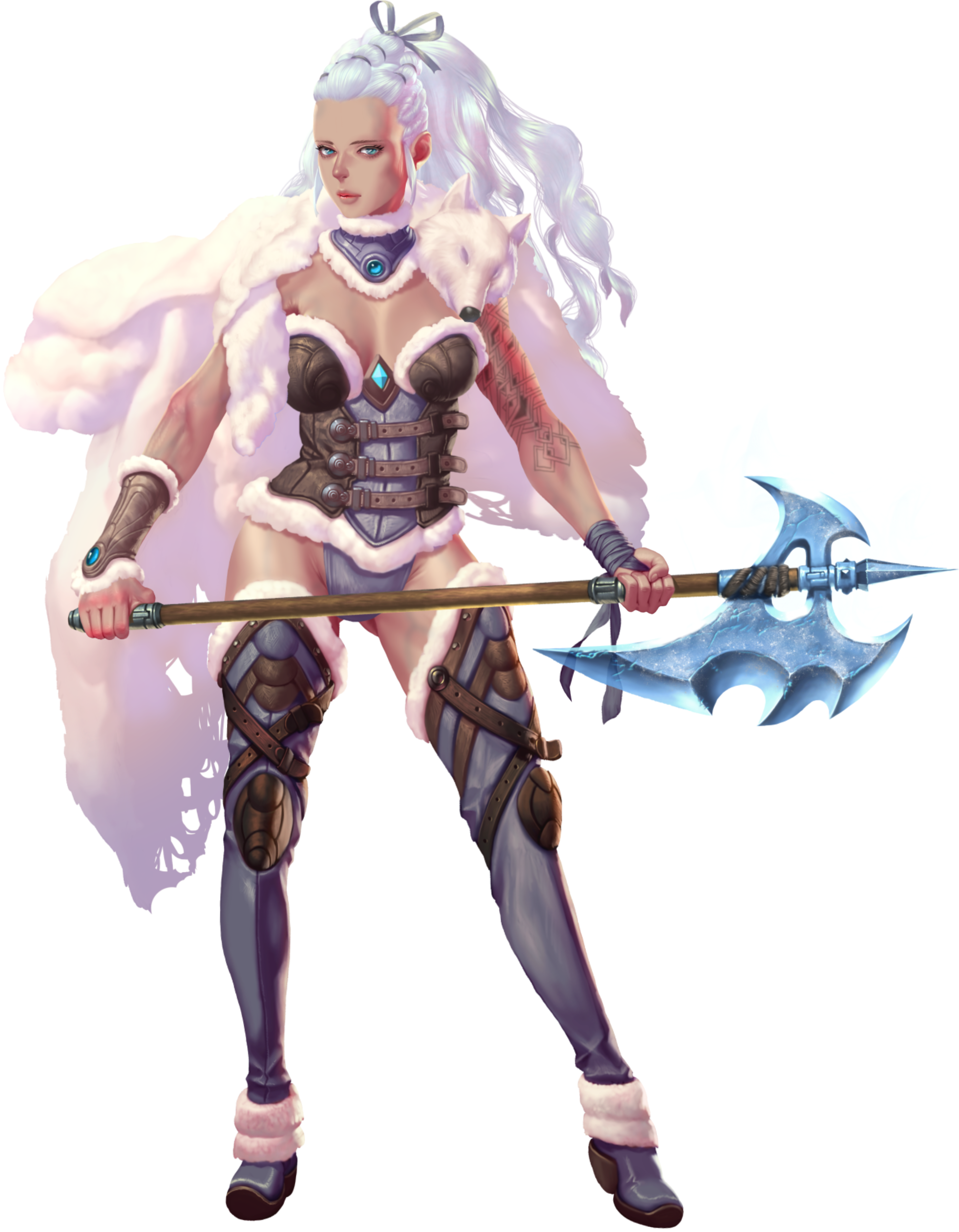 crystal maiden (series), absurdres, artist request, game cg, highres, official art, variant set, 1girl, arm tattoo, astrid (crystal maidens), axe, blue eyes, breasts, cleavage, closed mouth, full body, fur trim, groin, hair ribbon, holding, holding axe, long hair, pelt, ribbon, solo, tattoo, transparent background, white hair