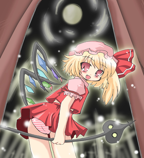 muuba, flandre scarlet, embodiment of scarlet devil, touhou, 1girl, :d, blonde hair, blush, cowboy shot, fang, female focus, from behind, full moon, hat, hat ribbon, holding, laevatein, light particles, loli, looking at viewer, looking back, mob cap, moon, one side up, open mouth, panties, pantyshot, pink eyes, pink hat, pink panties, pink shirt, puffy short sleeves, puffy sleeves, red eyes, red ribbon, red skirt, red vest, ribbon, shirt, short sleeves, side ponytail, skirt, smile, solo, standing, striped clothes, striped panties, underwear, upskirt, vest, wings