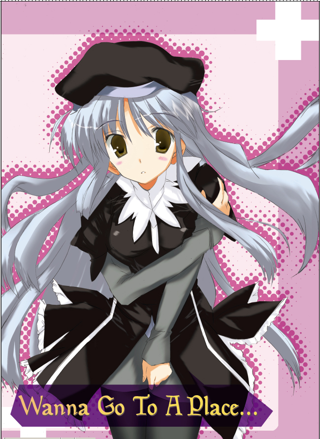happy birthday (artist), caren hortensia, fate/stay night, fate (series), silver hair, 00s, 1girl, blush, border, brown eyes, crotch seam, female focus, hat, layered sleeves, long hair, long sleeves, pantyhose, simple background, solo, thighhighs, thighhighs over pantyhose, yellow eyes