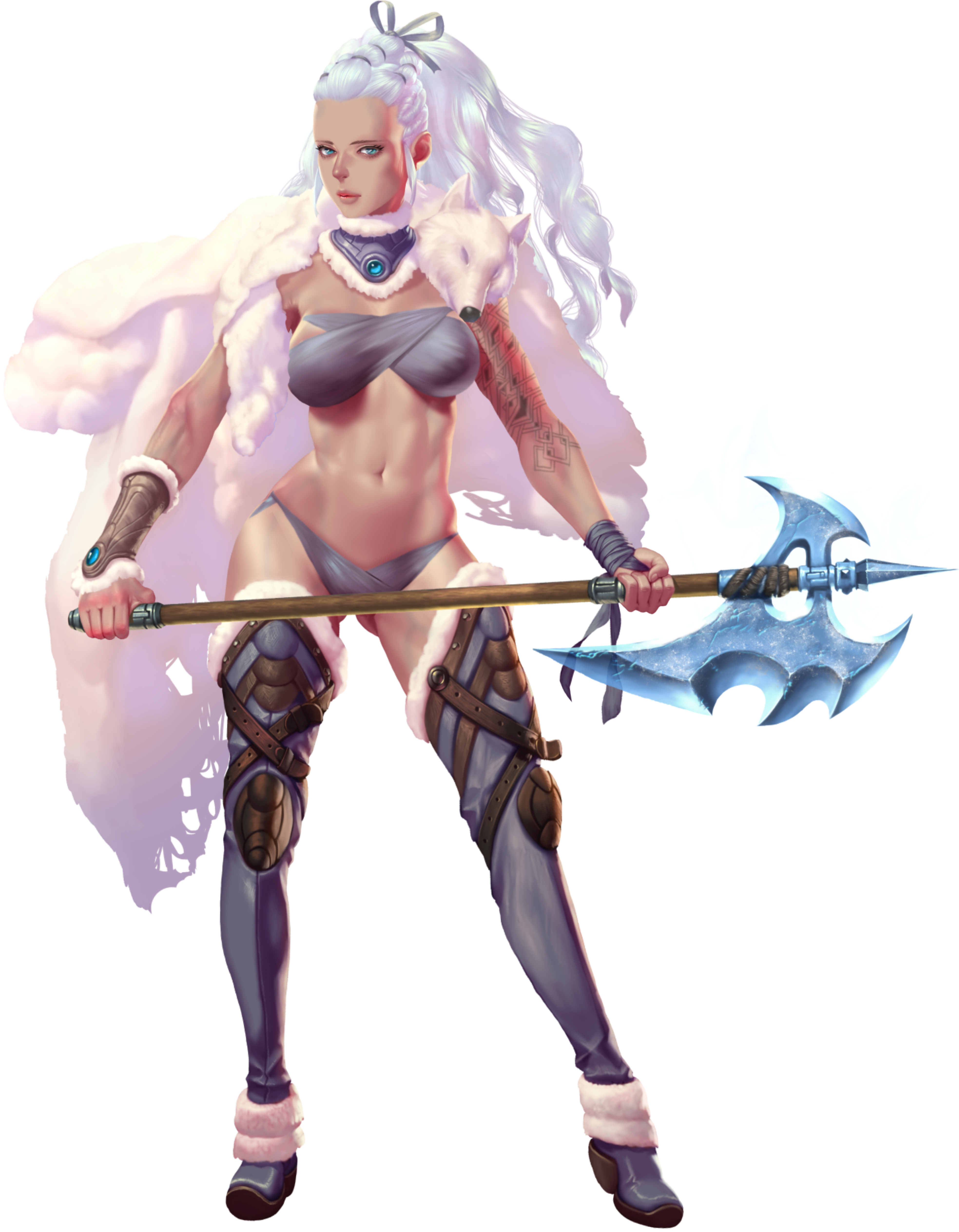 crystal maiden (series), absurdres, artist request, game cg, highres, non-web source, official art, variant set, 1girl, arm tattoo, astrid (crystal maidens), axe, blue eyes, bra, breasts, cleavage, closed mouth, full body, fur trim, hair ribbon, holding, holding axe, long hair, navel, pelt, ribbon, solo, tattoo, transparent background, underwear, white hair