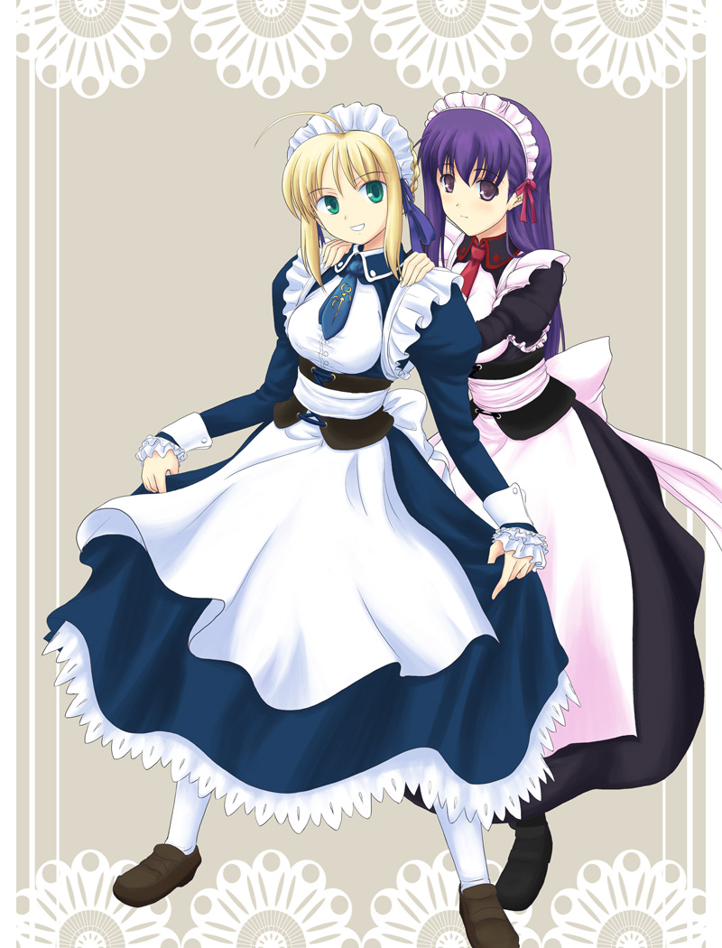 ryp, artoria pendragon (fate), matou sakura, saber (fate), fate/stay night, fate (series), hands on shoulders, 00s, 2girls, ahoge, alternate costume, back bow, blonde hair, bow, green eyes, long hair, long sleeves, looking at viewer, maid, maid headdress, multiple girls, necktie, pantyhose, purple eyes, purple hair, simple background, underbust