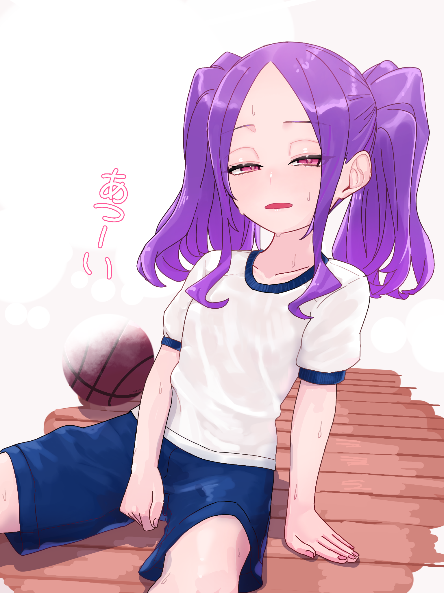 niwaikanai, wu zetian (fate), fate/grand order, fate (series), highres, translation request, 1girl, basketball, blue shorts, blush, breasts, forehead, long hair, looking at viewer, open mouth, parted bangs, purple eyes, purple hair, shirt, short sleeves, shorts, sidelocks, sitting, small breasts, solo, twintails, white shirt