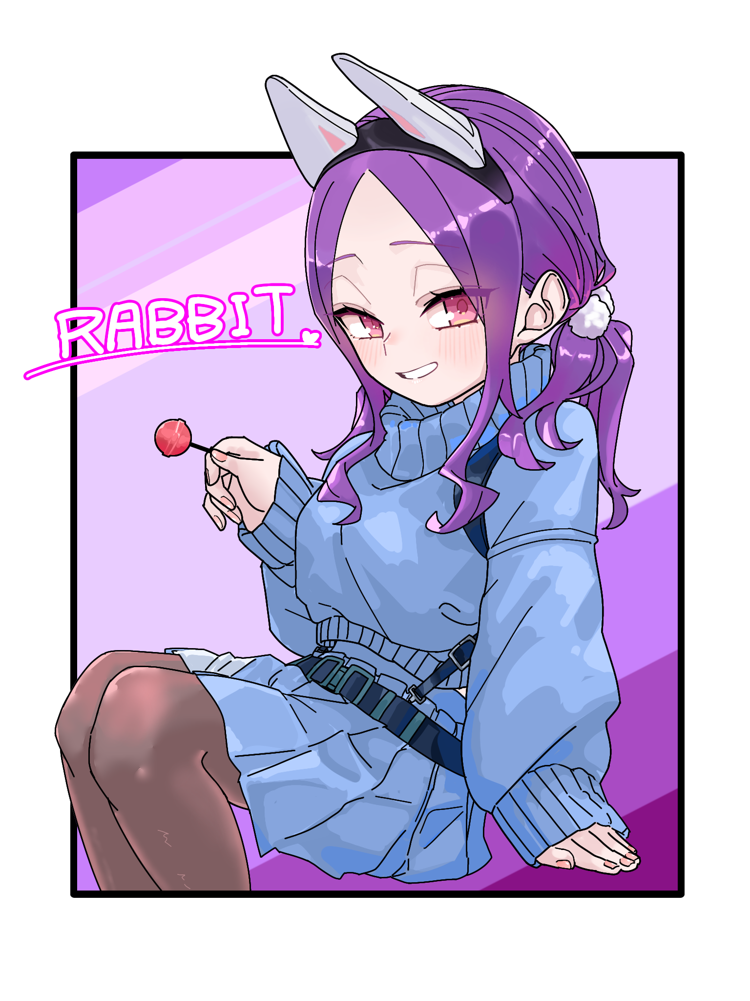 niwaikanai, moe (blue archive), wu zetian (fate), blue archive, fate/grand order, fate (series), highres, 1girl, animal ears, belt, blue skirt, blue sweater, blush, breasts, brown pantyhose, candy, cosplay, fake animal ears, food, forehead, grin, hair ornament, hairband, halo, lollipop, long hair, long sleeves, looking at viewer, moe (blue archive) (cosplay), pantyhose, parted bangs, pleated skirt, pom pom (clothes), pom pom hair ornament, purple eyes, purple hair, rabbit ears, sidelocks, skirt, small breasts, smile, solo, sweater, thighs, turtleneck, turtleneck sweater