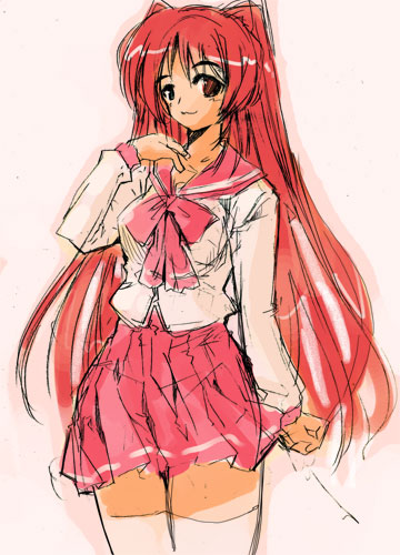 momiji mao, kousaka tamaki, to heart (series), to heart 2, lowres, 00s, 1girl, female focus, long hair, long sleeves, looking at viewer, pleated skirt, red hair, school uniform, serafuku, simple background, skirt, smile, solo, thighhighs, very long hair, white thighhighs, zettai ryouiki