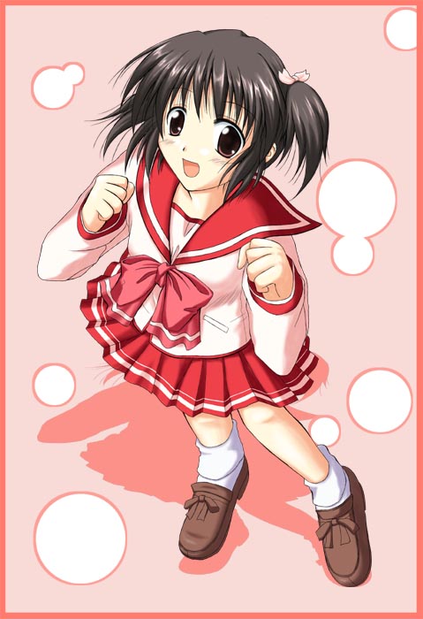 kinagi yuu, yuzuhara konomi, to heart (series), to heart 2, pink neckwear, 00s, 1girl, :d, black hair, bobby socks, border, bow, brown eyes, brown hair, brown shoes, clenched hand, female focus, from above, full body, hair ribbon, hands up, loafers, long sleeves, looking at viewer, open mouth, pink background, pink bow, pleated skirt, ponytail, red border, ribbon, school uniform, serafuku, shadow, shoes, short hair, short ponytail, side ponytail, skirt, smile, socks, solo, standing, white socks