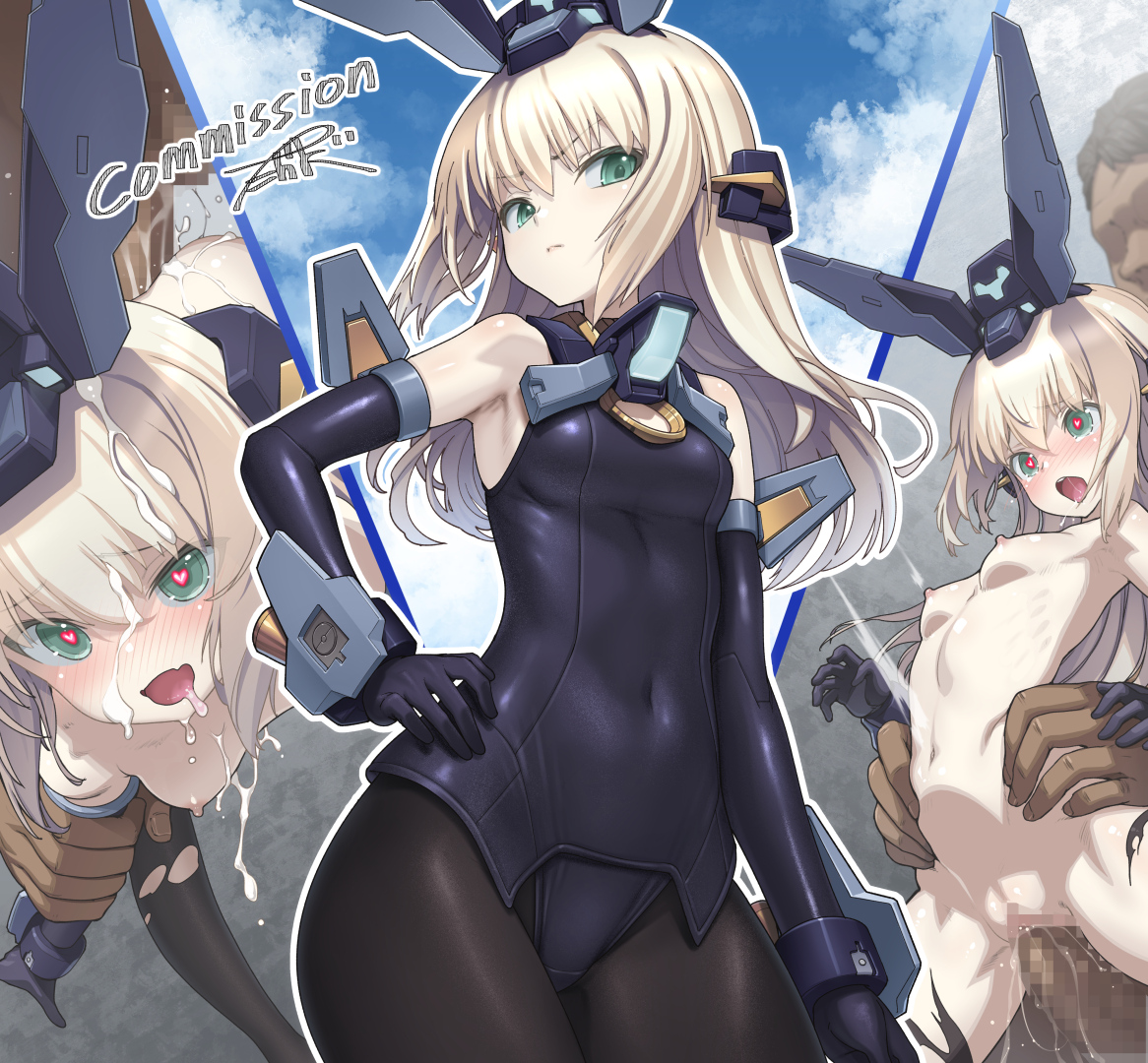 takada kazuhiro, zelfikar, frame arms girl, commentary, commission, skeb commission, 1boy, 1girl, :d, ass, bare shoulders, black pantyhose, blonde hair, blue gloves, blue one-piece swimsuit, blush, breasts, censored, covered navel, cum, cum on body, elbow gloves, facial, gloves, green eyes, hand on own hip, heart, heart-shaped pupils, looking at viewer, mechanical ears, mosaic censoring, navel, nipples, nude, one-piece swimsuit, open mouth, pantyhose, penis, saliva, sex, small breasts, smile, swimsuit, symbol-shaped pupils, tongue, torn clothes, torn pantyhose, vaginal