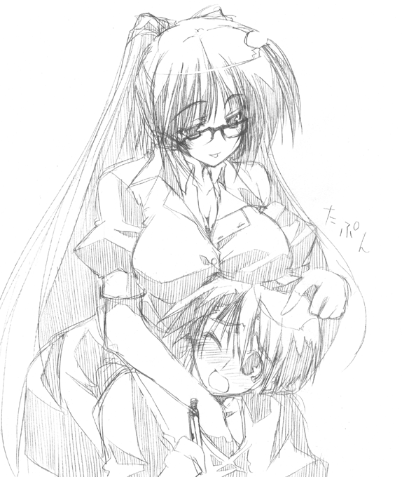 10mo, kouno takaaki, kousaka tamaki, to heart (series), to heart 2, traditional media, 00s, 1boy, 1girl, blush, breast rest, breasts, breasts on head, glasses, greyscale, holding, large breasts, long hair, mechanical pencil, monochrome, one eye closed, open mouth, pencil, short hair, simple background, sketch, smile, tears, very long hair, white background, wink
