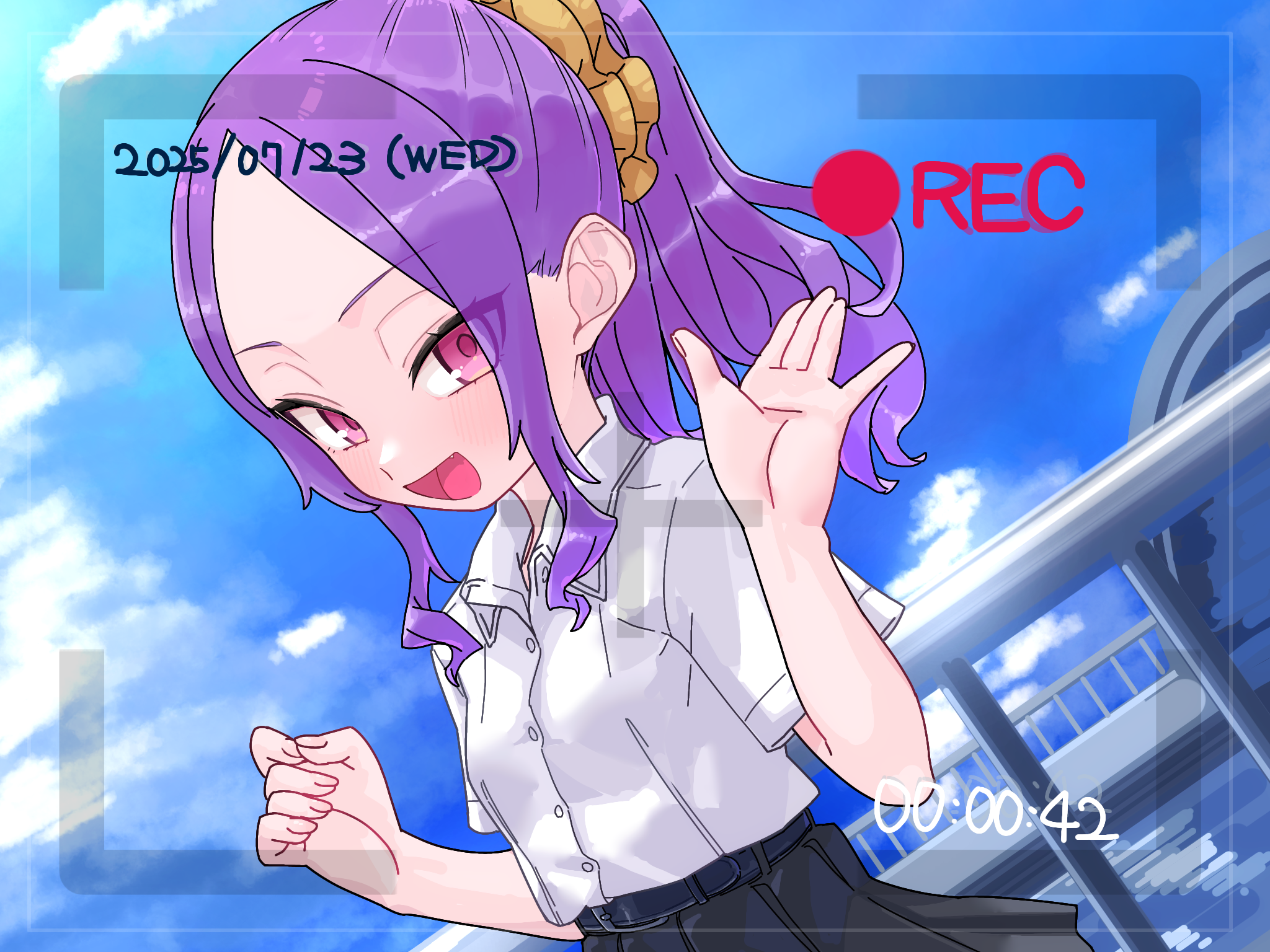 niwaikanai, wu zetian (fate), fate/grand order, fate (series), highres, 1girl, black skirt, blue sky, blush, breasts, collared shirt, forehead, hair ornament, hair scrunchie, long hair, looking at viewer, open mouth, parted bangs, ponytail, purple eyes, purple hair, recording, scrunchie, shirt, short sleeves, sidelocks, skirt, sky, small breasts, smile, solo, viewfinder, white shirt, yellow scrunchie
