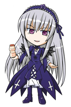 date (hoshikariza), suigintou, rozen maiden, yakult, silver hair, lowres, >:), 00s, 1girl, chibi, cross, dress, female focus, full body, gothic lolita, headdress, holding, inverted cross, lactic acid bacteria, layered dress, lolita fashion, long hair, looking at viewer, purple dress, purple eyes, ringed eyes, simple background, smile, solo, standing, v-shaped eyebrows, white background